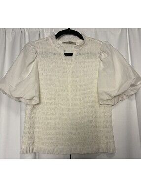 Go Silk White Ruched Zip Neck Puff Sleeve Smocked Blouse Size Small. Retail $178
